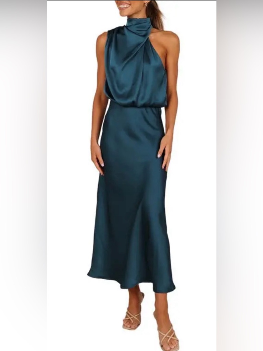 Petal & Pup Teal Satin Halter Midi Dress
